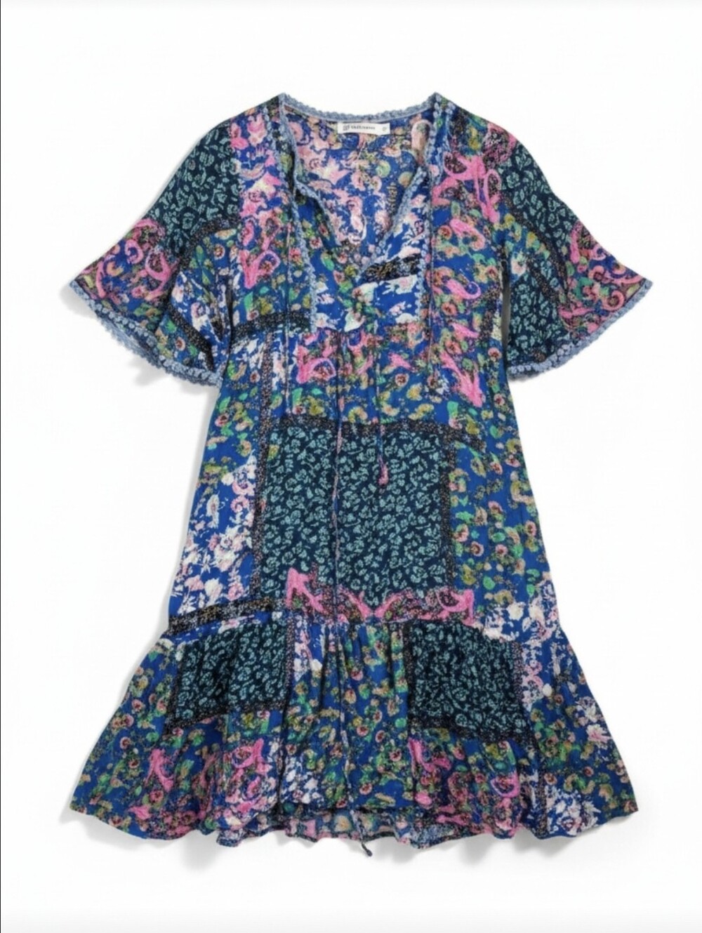 Pink Diamond Boho Floral Paisley Patchwork Mini Dress Small | Lace Trim Tiered